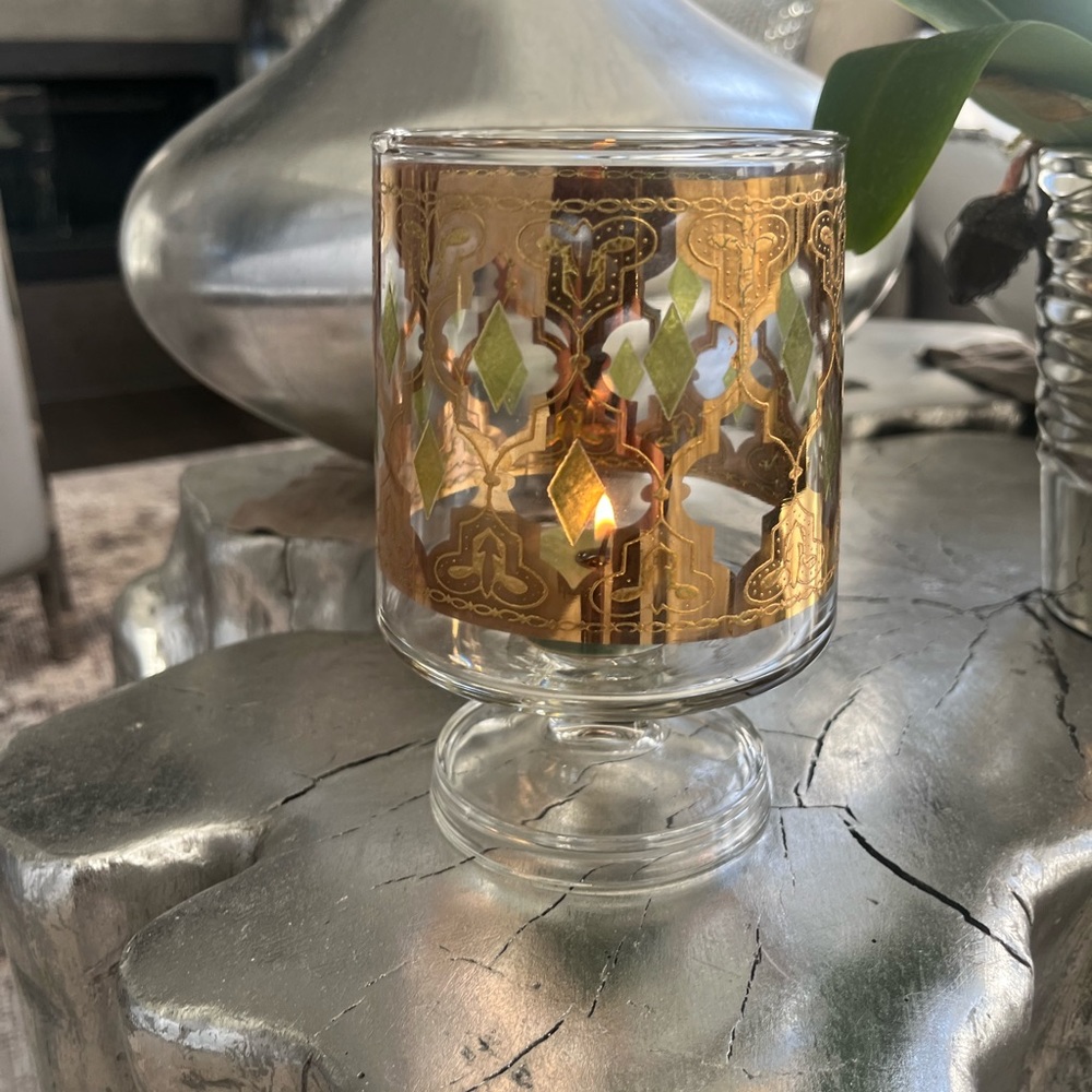 Vintage 1960s culver green gold candy dish, candle votive holder accent piece